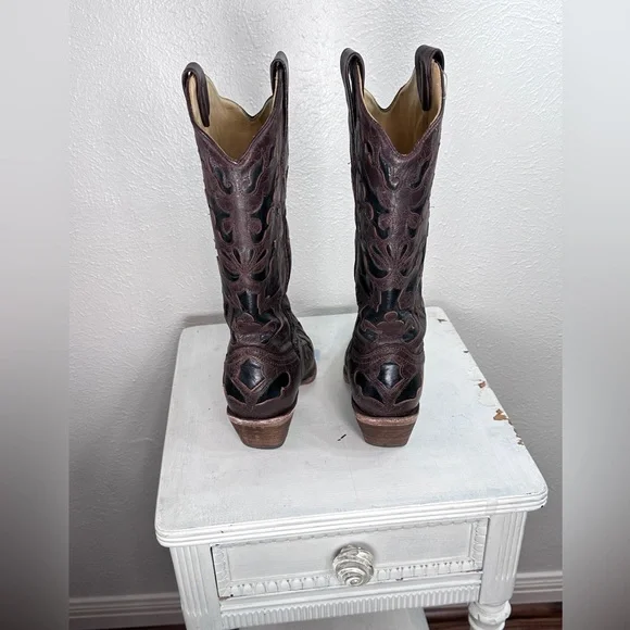 Corral chocolate black vintage goat overlay pointed toe cowgirl boots size 8M - Picture 3 of 8